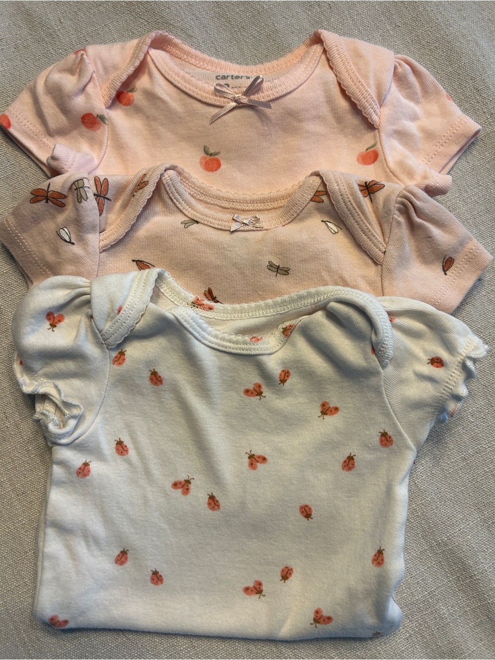 Carter’s Baby Girl 3M Bodysuit Lot Peach Ladybug Dragonfly 3 Piece